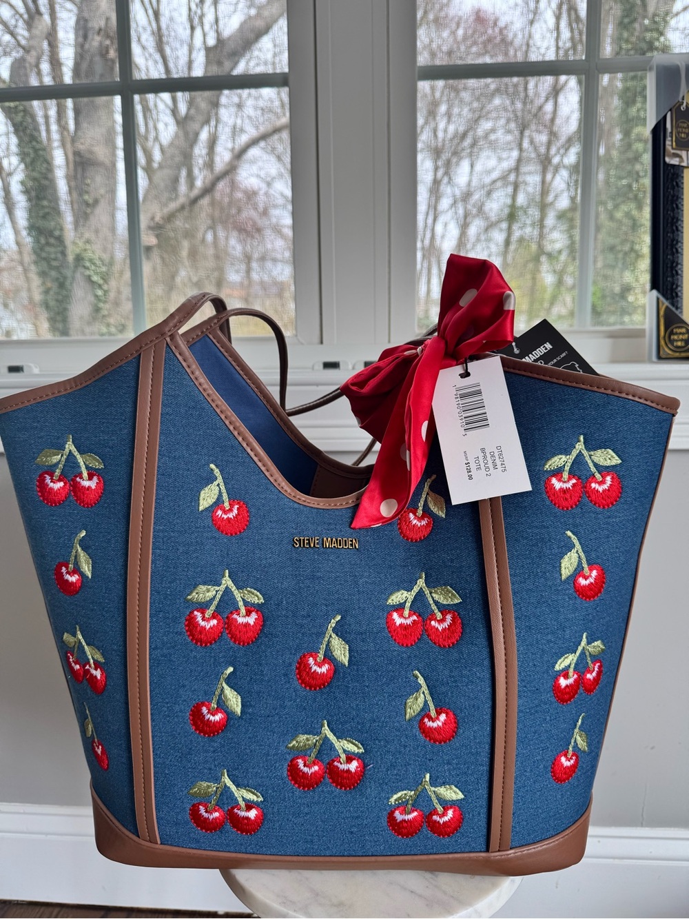 Steve Madden Blue Cherry Embroidered Tote with Brown Trim